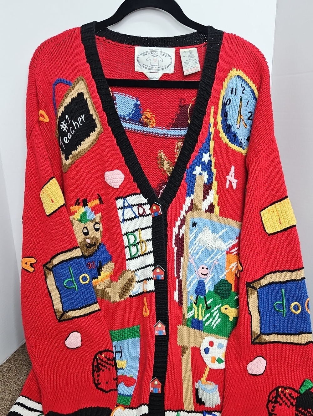 Vintage Eagle Eye Novelty Teacher Back To School Red Cardigan Hand Knit Sweater - Picture 3 of 7